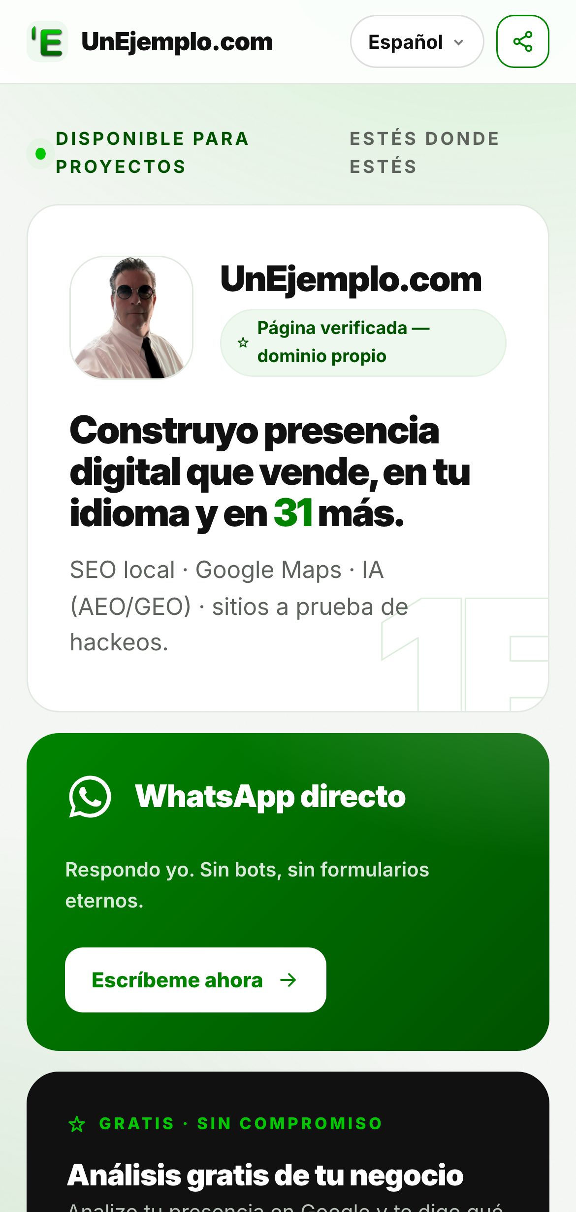Una página BIO real de UnEjemplo.com abierta en un teléfono
