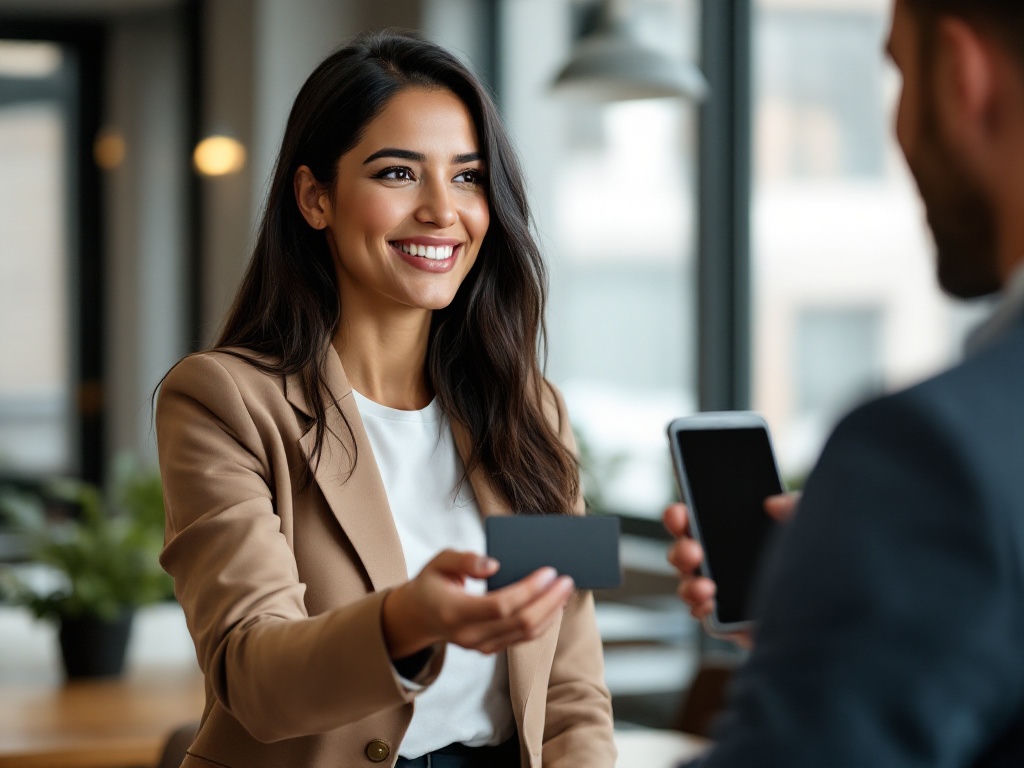 Un cliente escanea con su teléfono el código QR de una tarjeta NFC de presentación
